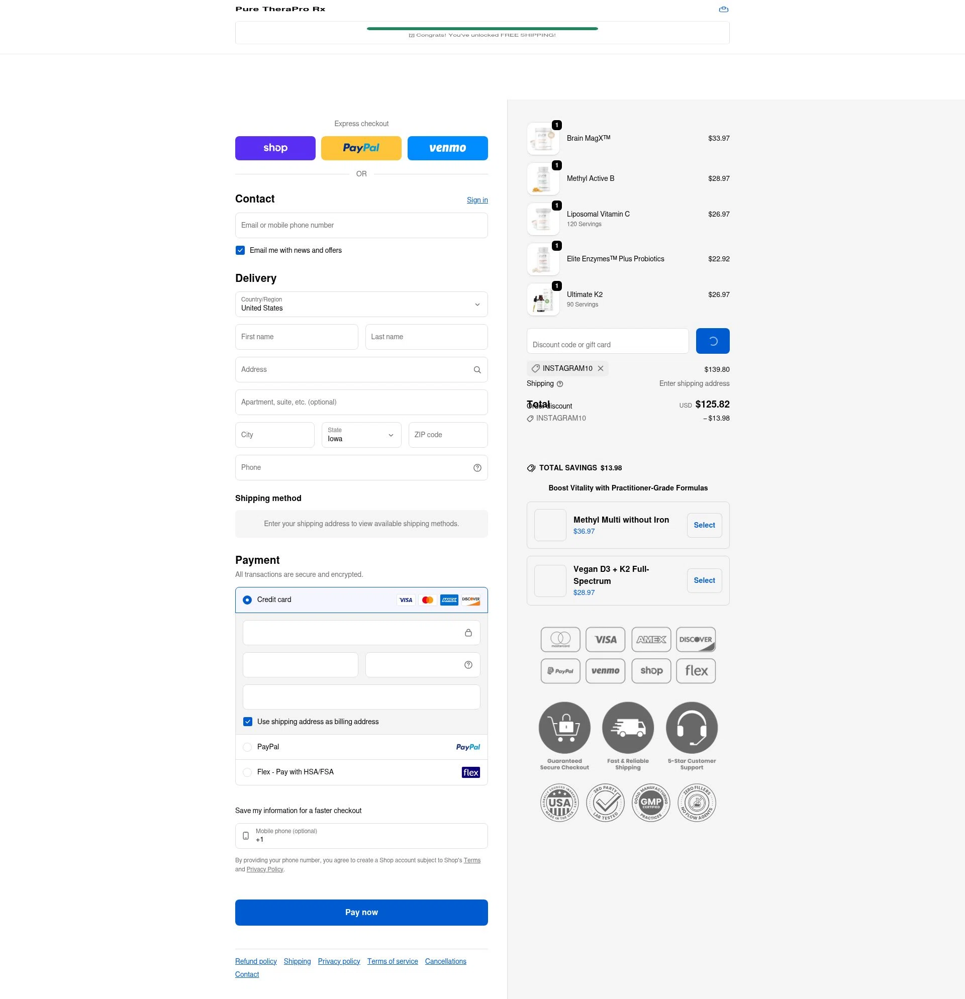Pure TheraPro Rx checkout page showing Pure TheraPro Rx coupon code box | Screenshot taken by SimplyCodes community member on Feb 9, 2026