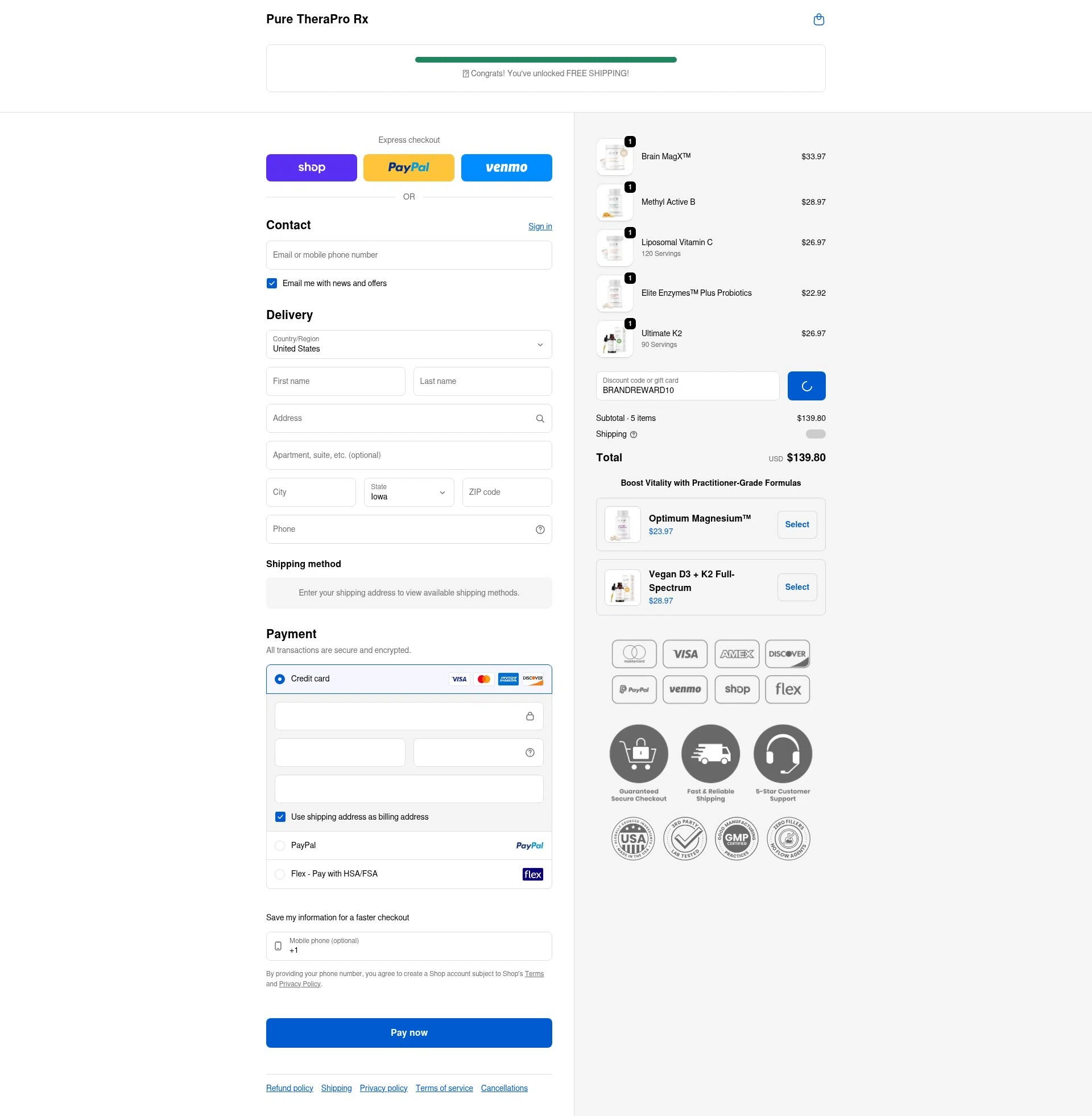 Pure TheraPro Rx checkout page showing Pure TheraPro Rx coupon code box | Screenshot taken by SimplyCodes community member on Feb 5, 2026