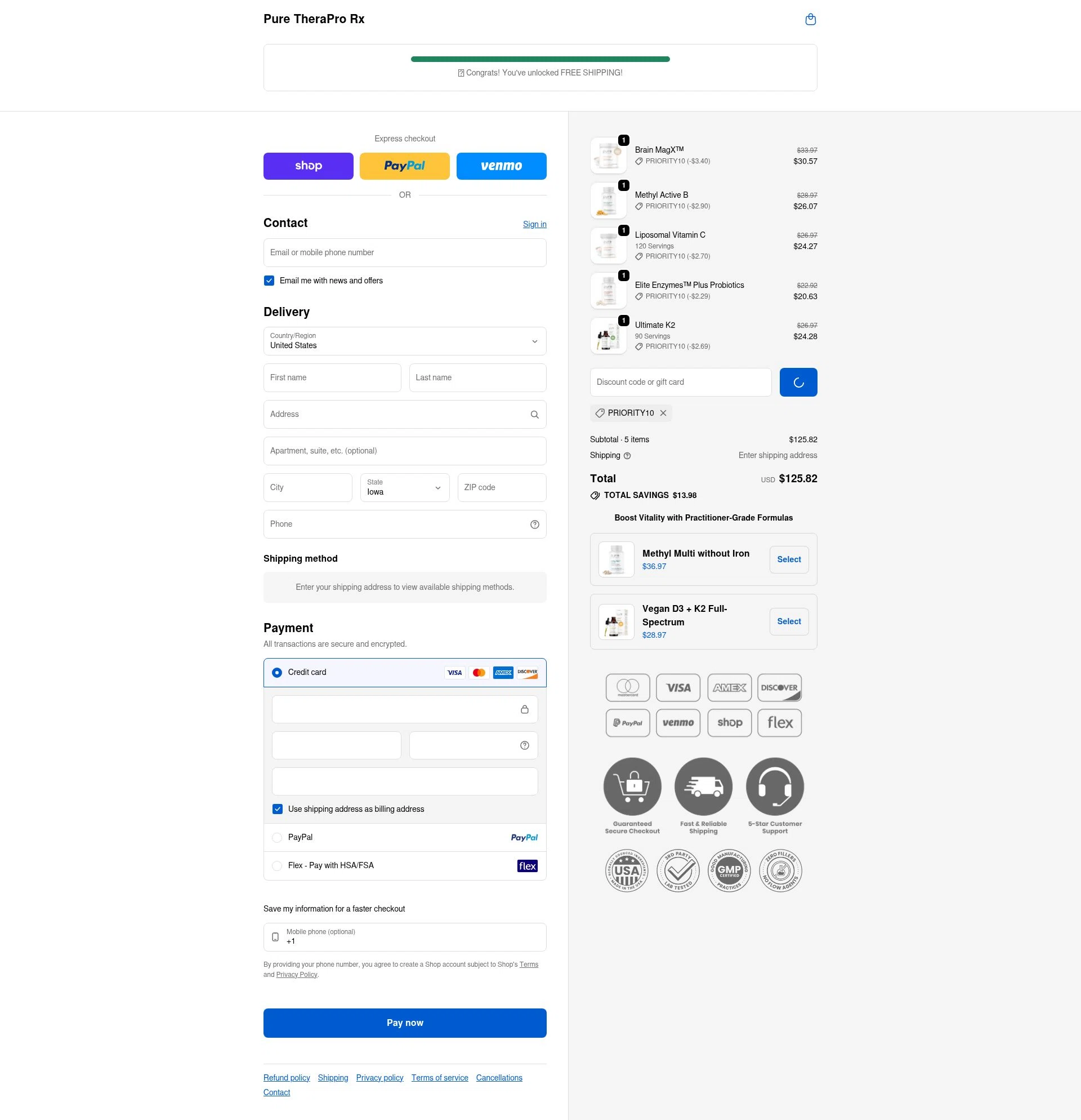 Pure TheraPro Rx checkout page showing Pure TheraPro Rx coupon code box | Screenshot taken by SimplyCodes community member on Feb 9, 2026