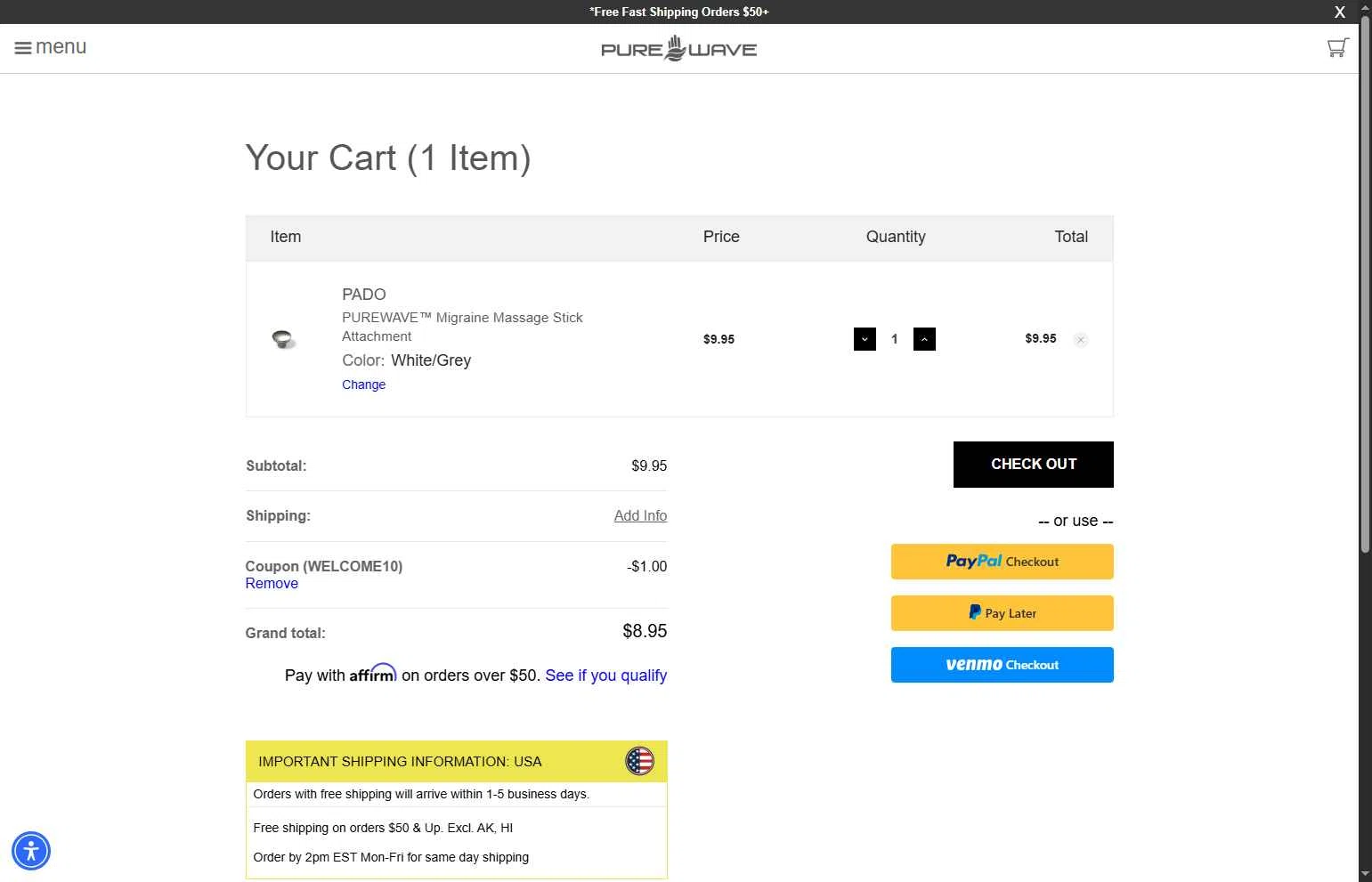 PUREWAVE checkout page showing PUREWAVE coupon code box | Screenshot taken by SimplyCodes community member on Jun 9, 2025
