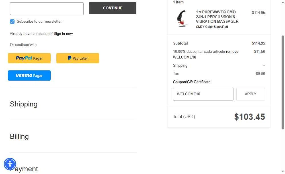 PUREWAVE checkout page showing PUREWAVE coupon code box | Screenshot taken by SimplyCodes community member on Apr 30, 2025