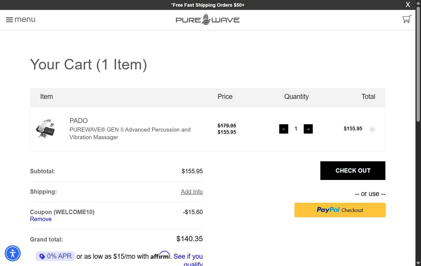 PUREWAVE checkout page showing PUREWAVE coupon code box | Screenshot taken by SimplyCodes community member on Dec 26, 2025