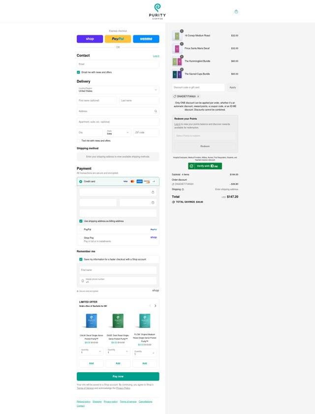 Purity Coffee checkout page showing Purity Coffee discount code box | Screenshot taken by SimplyCodes community member on Sep 2, 2025