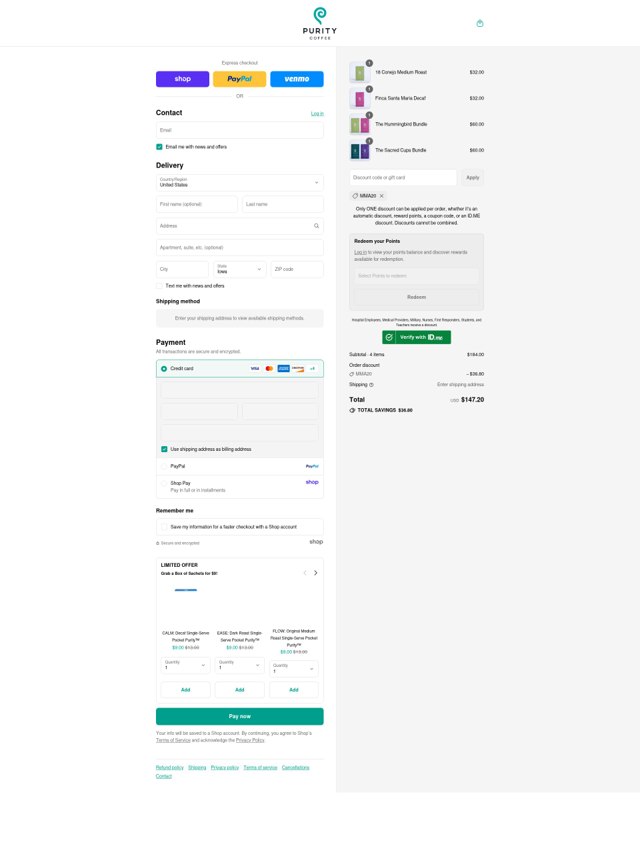 Purity Coffee checkout page showing Purity Coffee discount code box | Screenshot taken by SimplyCodes community member on Sep 2, 2025