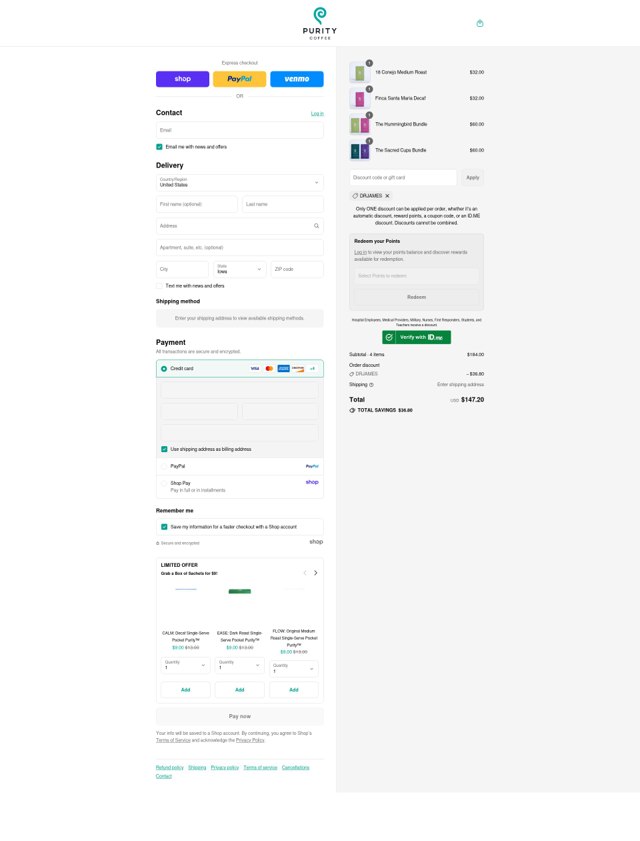Purity Coffee checkout page showing Purity Coffee discount code box | Screenshot taken by SimplyCodes community member on Sep 2, 2025