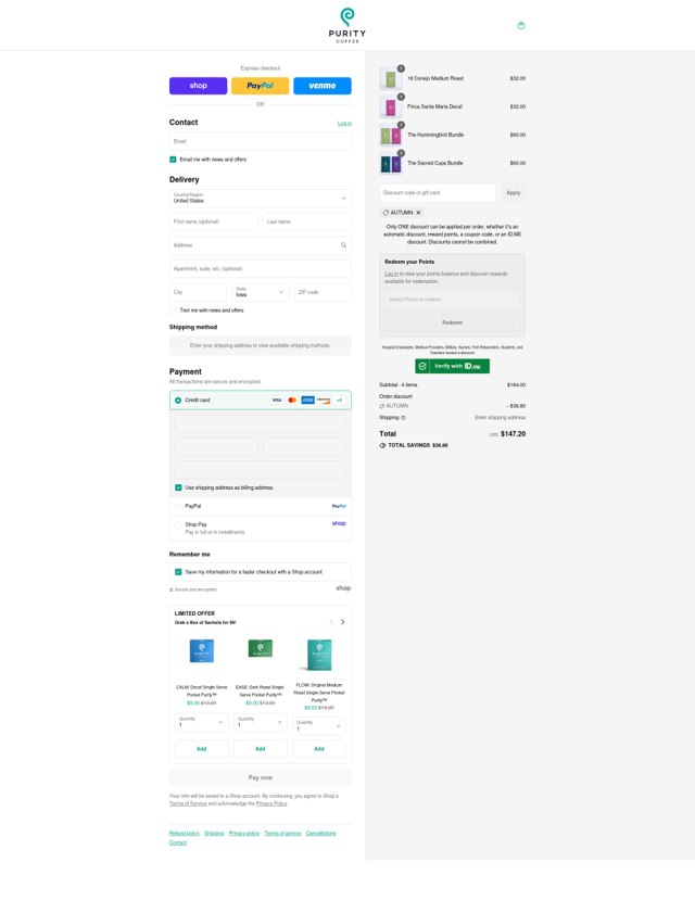 Purity Coffee checkout page showing Purity Coffee discount code box | Screenshot taken by SimplyCodes community member on Sep 2, 2025