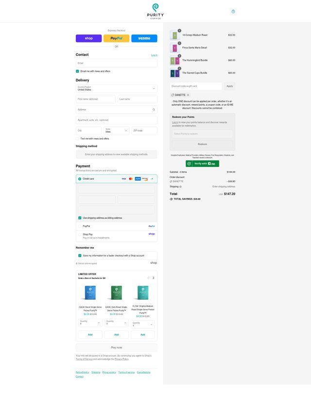 Purity Coffee checkout page showing Purity Coffee discount code box | Screenshot taken by SimplyCodes community member on Sep 2, 2025