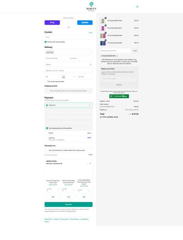 Purity Coffee checkout page showing Purity Coffee discount code box | Screenshot taken by SimplyCodes community member on Sep 2, 2025