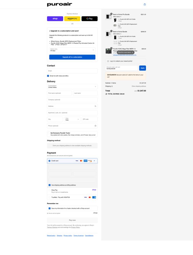 PuroAir checkout page showing PuroAir discount code box | Screenshot taken by SimplyCodes community member on Sep 4, 2025