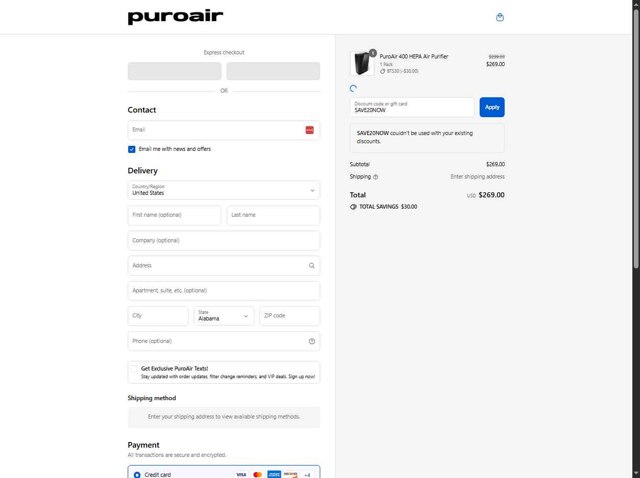 PuroAir checkout page showing PuroAir discount code box | Screenshot taken by SimplyCodes community member on Aug 30, 2025