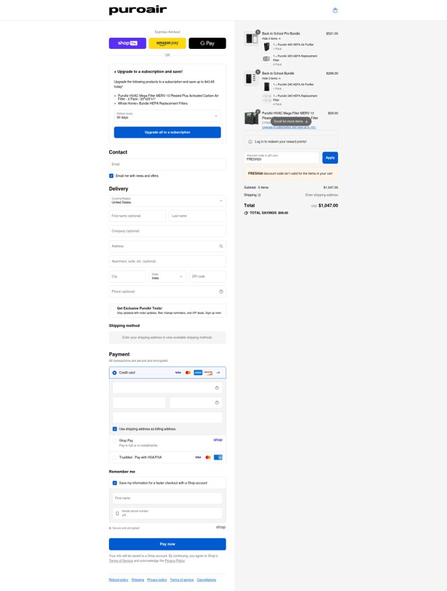 PuroAir checkout page showing PuroAir discount code box | Screenshot taken by SimplyCodes community member on Aug 27, 2025