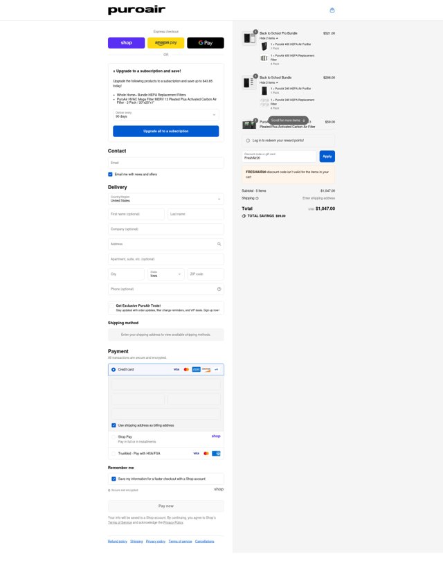 PuroAir checkout page showing PuroAir discount code box | Screenshot taken by SimplyCodes community member on Sep 4, 2025