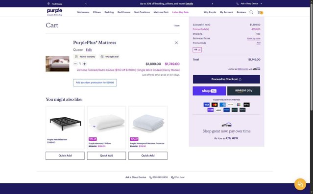 Purple Mattress checkout page showing Purple Mattress promo code box | Screenshot taken by SimplyCodes community member on Aug 21, 2025