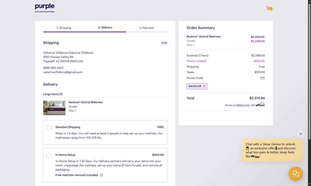 Purple Mattress checkout page showing Purple Mattress promo code box | Screenshot taken by SimplyCodes community member on Sep 2, 2025