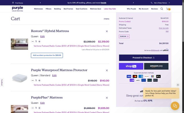 Purple Mattress checkout page showing Purple Mattress promo code box | Screenshot taken by SimplyCodes community member on Aug 13, 2025