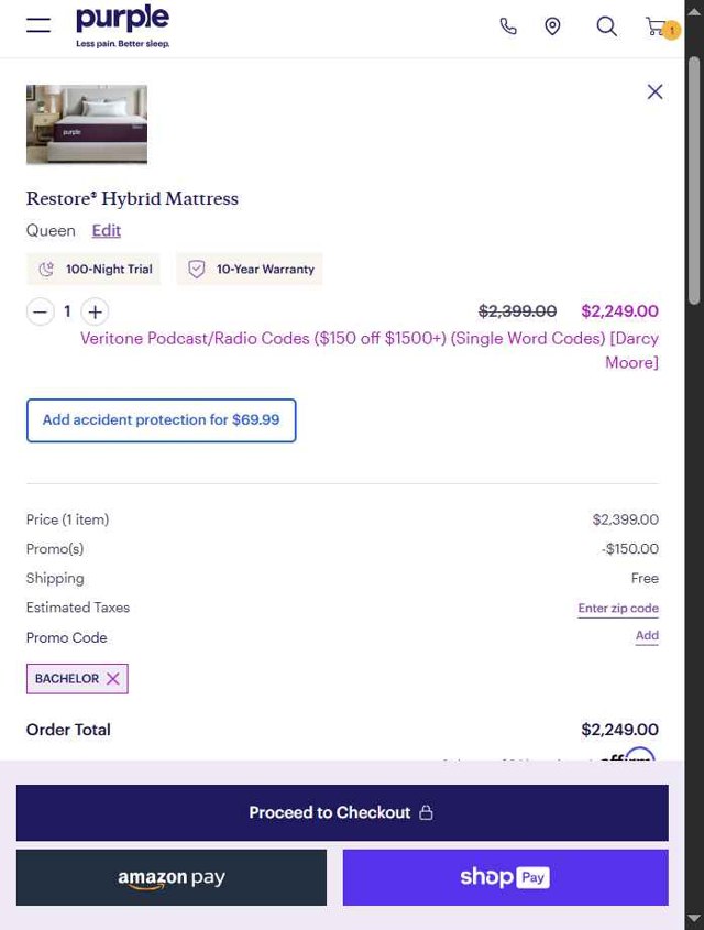 Purple Mattress checkout page showing Purple Mattress promo code box | Screenshot taken by SimplyCodes community member on Aug 11, 2025