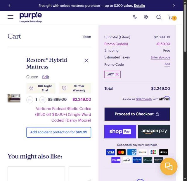 Purple Mattress checkout page showing Purple Mattress promo code box | Screenshot taken by SimplyCodes community member on Jul 30, 2025