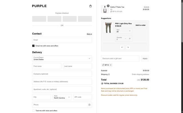 Purple Brand checkout page showing Purple Brand discount code box | Screenshot taken by SimplyCodes community member on Sep 14, 2025