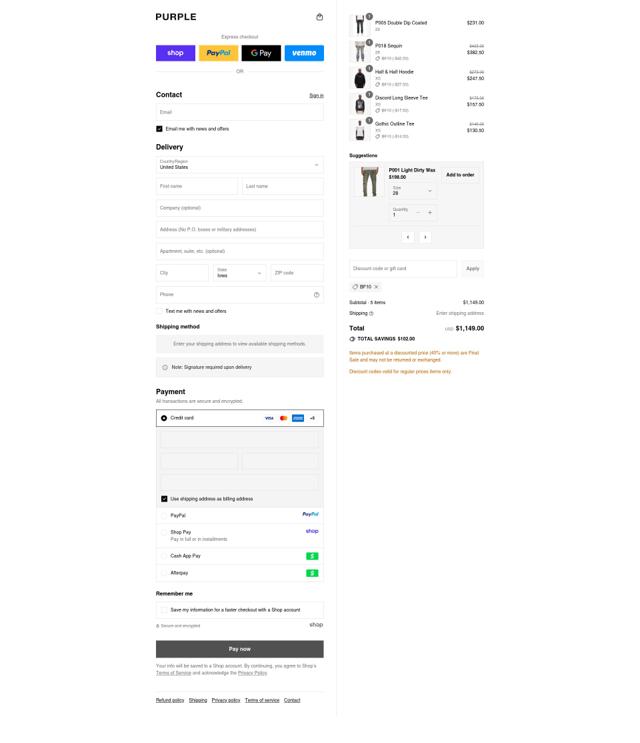 Purple Brand checkout page showing Purple Brand discount code box | Screenshot taken by SimplyCodes community member on Sep 11, 2025
