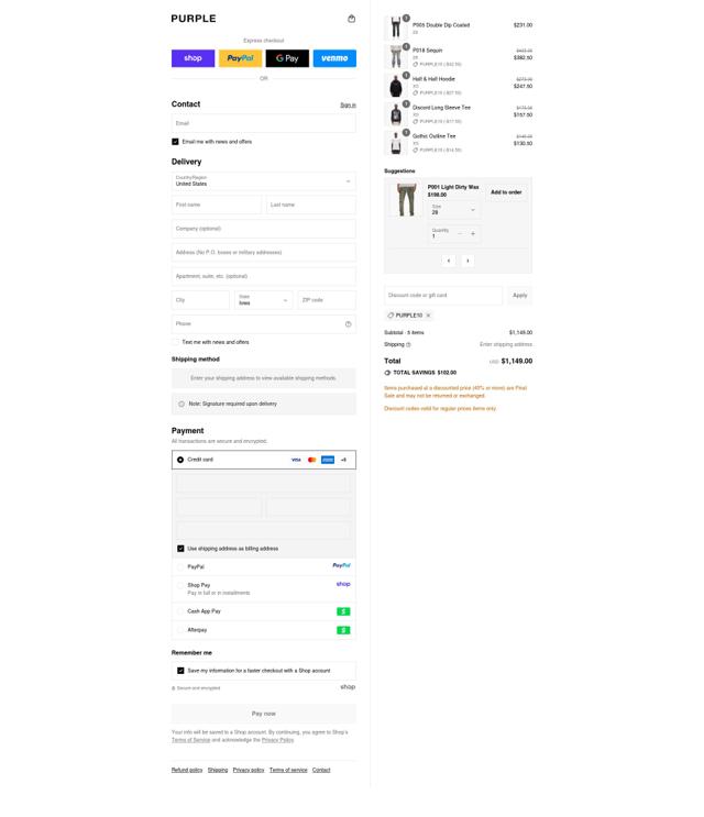 Purple Brand checkout page showing Purple Brand discount code box | Screenshot taken by SimplyCodes community member on Sep 11, 2025