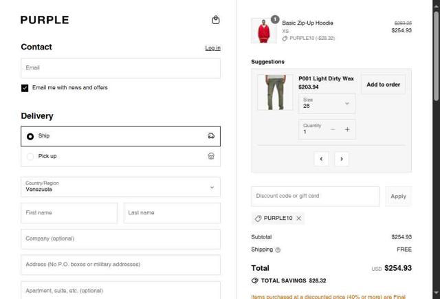 Purple Brand checkout page showing Purple Brand discount code box | Screenshot taken by SimplyCodes community member on Sep 3, 2025