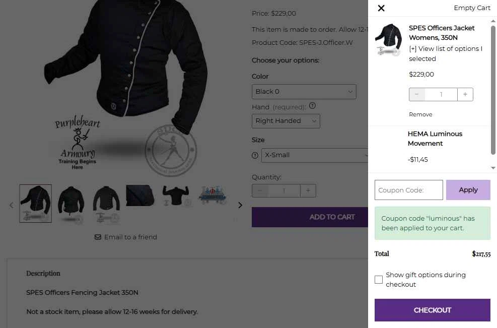 Purpleheart Armoury checkout page showing Purpleheart Armoury coupon code box | Screenshot taken by SimplyCodes community member on Nov 21, 2025