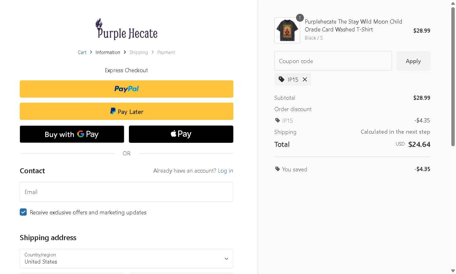Purplehecate checkout page showing Purplehecate promo code box | Screenshot taken by SimplyCodes community member on Dec 10, 2025