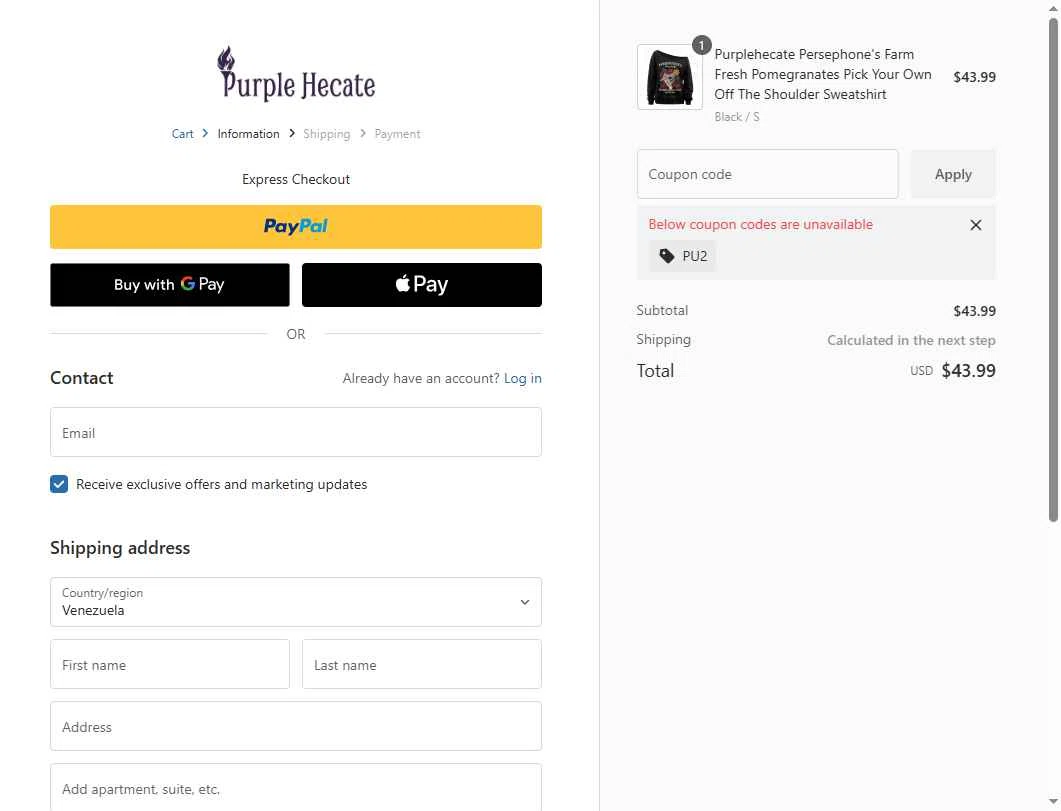 Purplehecate checkout page showing Purplehecate promo code box | Screenshot taken by SimplyCodes community member on Dec 14, 2025