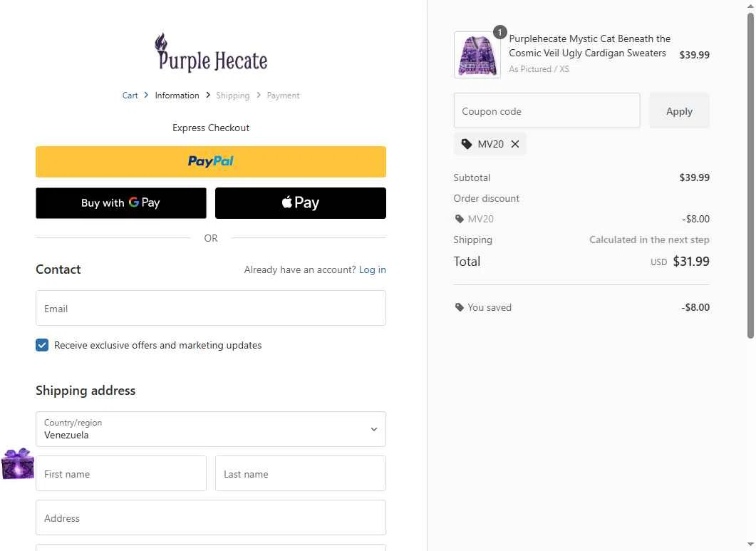 Purplehecate checkout page showing Purplehecate promo code box | Screenshot taken by SimplyCodes community member on Dec 14, 2025