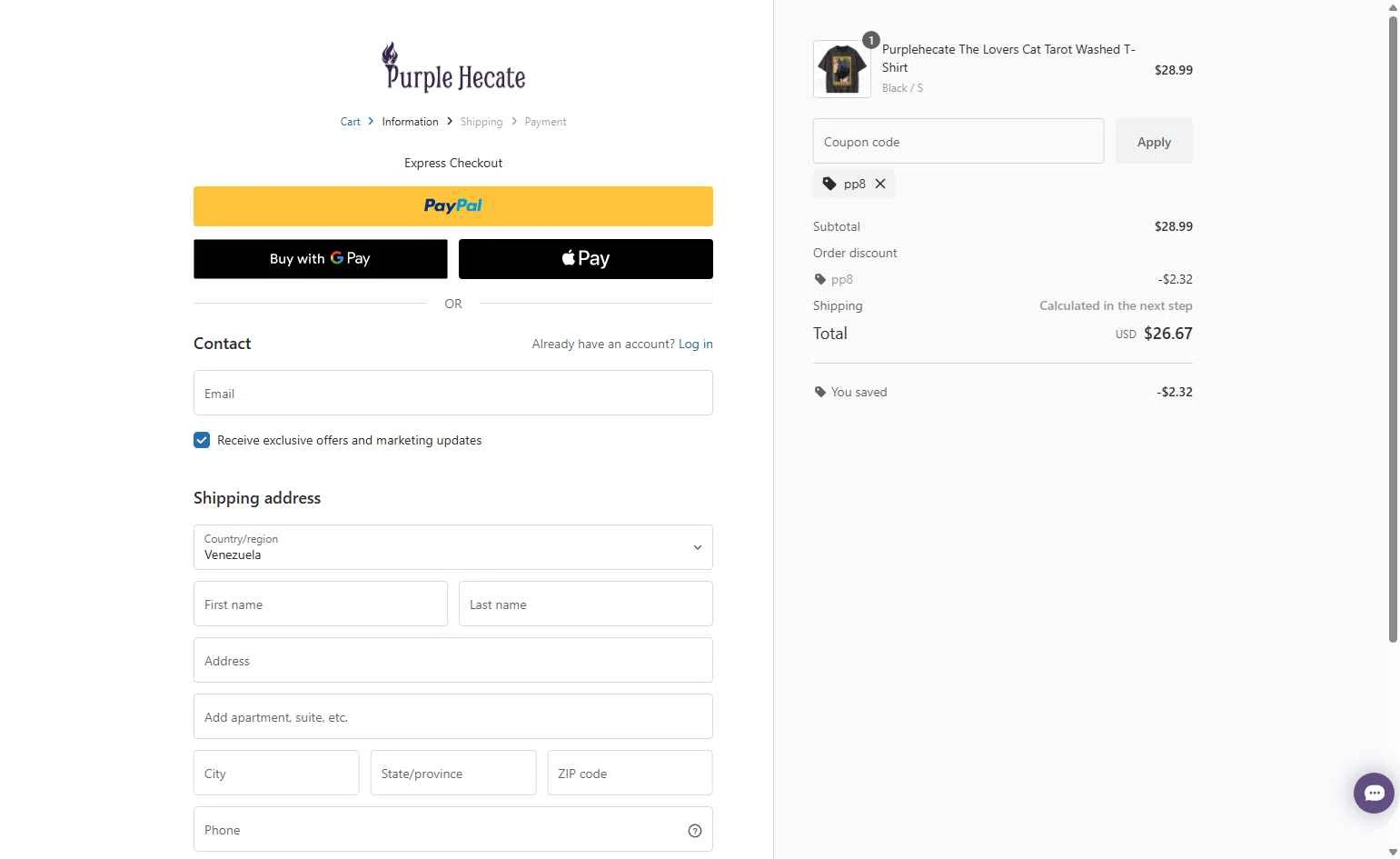 Purplehecate checkout page showing Purplehecate promo code box | Screenshot taken by SimplyCodes community member on Dec 24, 2025
