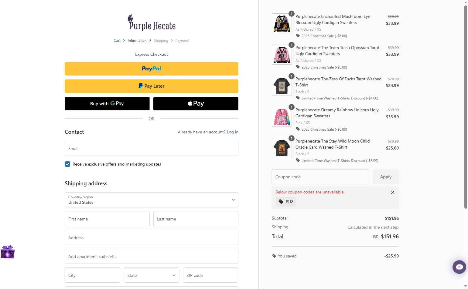 Purplehecate checkout page showing Purplehecate promo code box | Screenshot taken by SimplyCodes community member on Dec 14, 2025