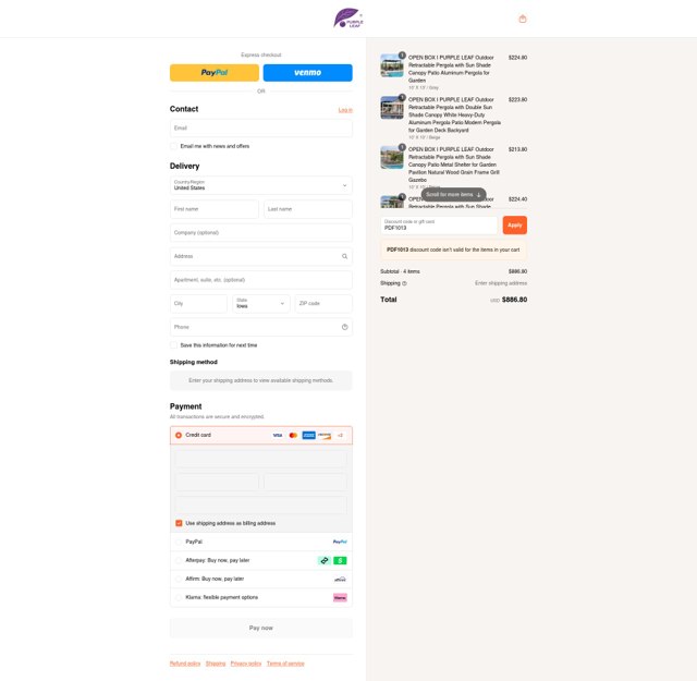 Purple Leaf Garden checkout page showing Purple Leaf Garden discount code box | Screenshot taken by SimplyCodes community member on Aug 28, 2025