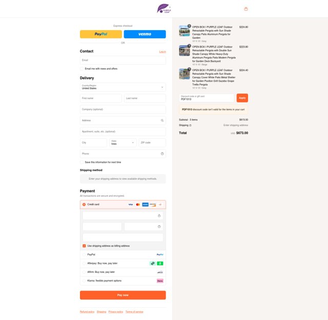 Purple Leaf Garden checkout page showing Purple Leaf Garden discount code box | Screenshot taken by SimplyCodes community member on Sep 1, 2025