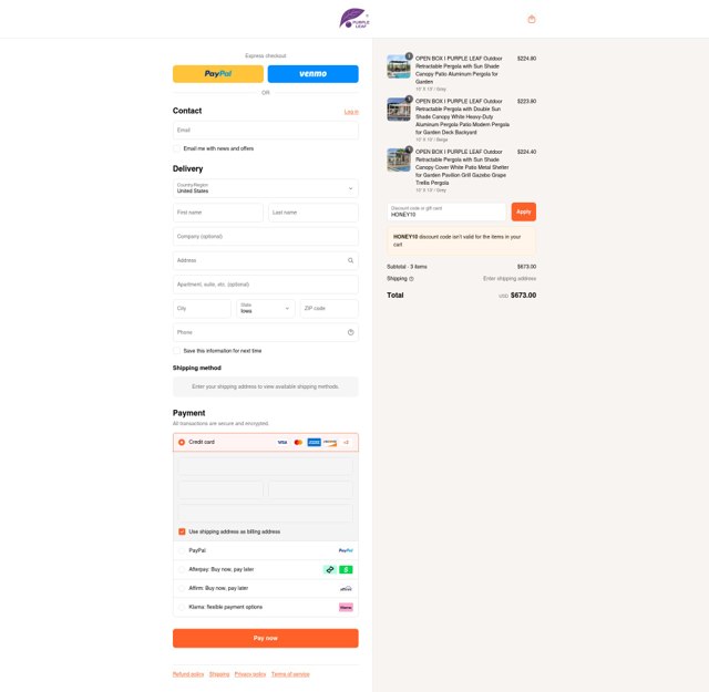 Purple Leaf Garden checkout page showing Purple Leaf Garden discount code box | Screenshot taken by SimplyCodes community member on Sep 1, 2025