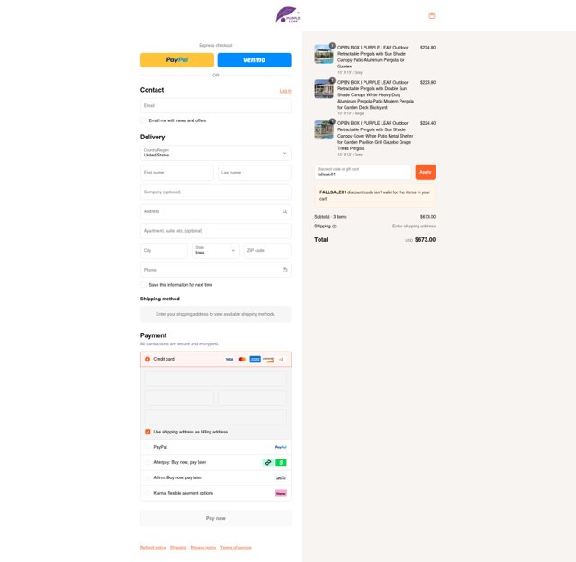 Purple Leaf Garden checkout page showing Purple Leaf Garden discount code box | Screenshot taken by SimplyCodes community member on Sep 1, 2025