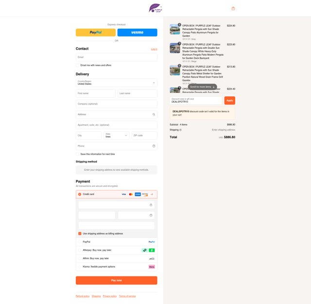 Purple Leaf Garden checkout page showing Purple Leaf Garden discount code box | Screenshot taken by SimplyCodes community member on Aug 28, 2025