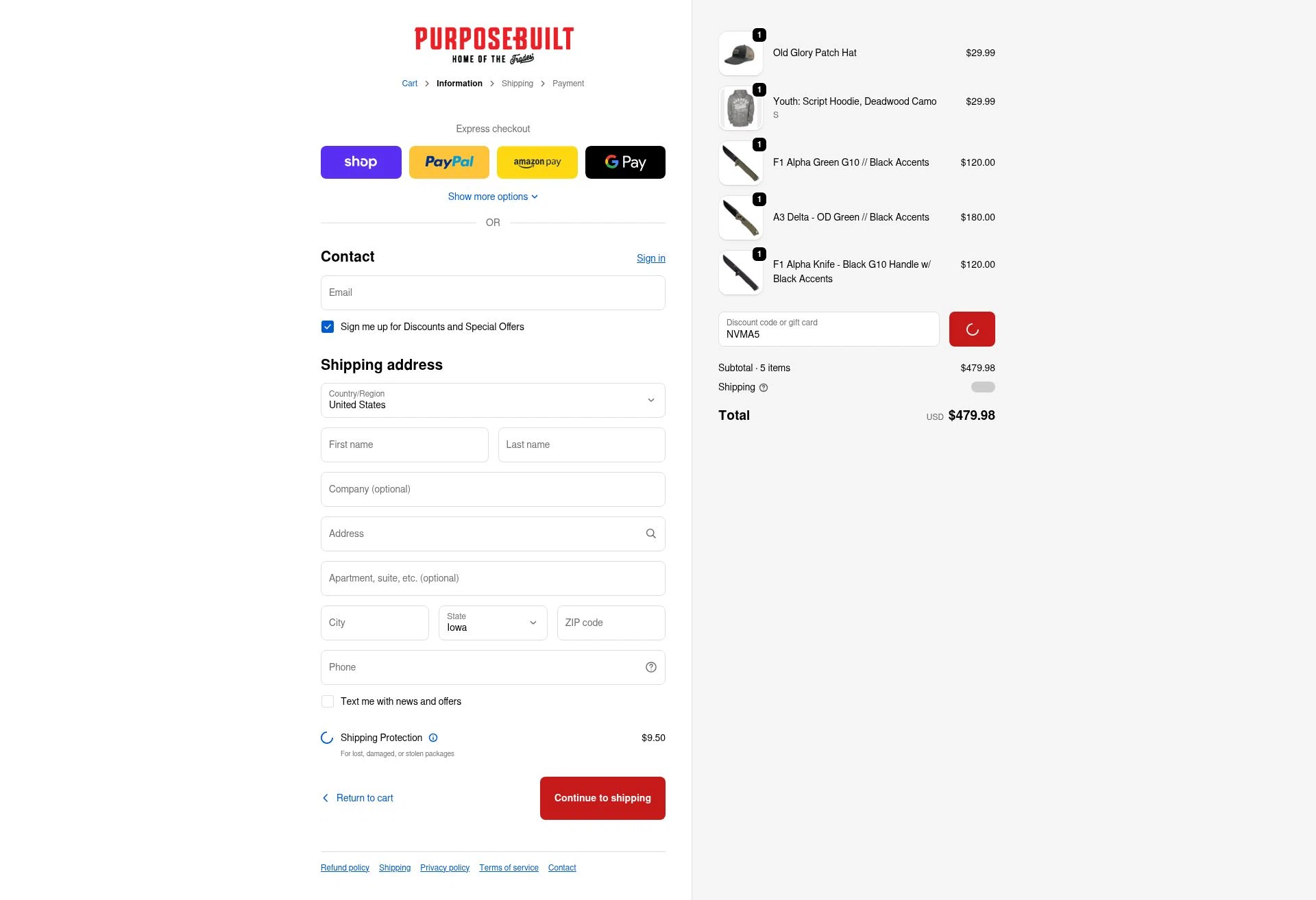 Purpose-Built Trade Co. checkout page showing Purpose-Built Trade Co. promo code box | Screenshot taken by SimplyCodes community member on Feb 18, 2026