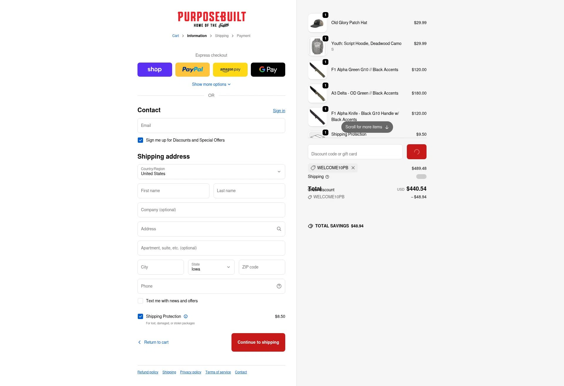 Purpose-Built Trade Co. checkout page showing Purpose-Built Trade Co. promo code box | Screenshot taken by SimplyCodes community member on Feb 18, 2026