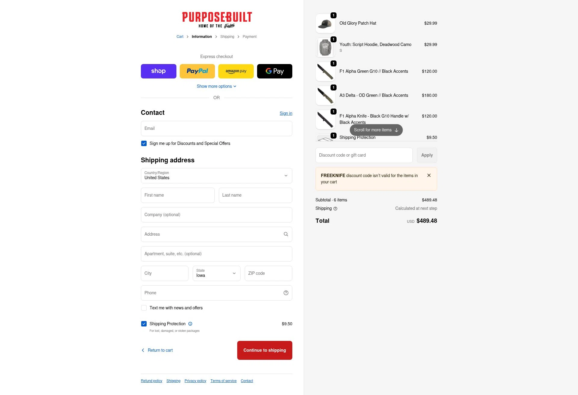 Purpose-Built Trade Co. checkout page showing Purpose-Built Trade Co. promo code box | Screenshot taken by SimplyCodes community member on Feb 18, 2026