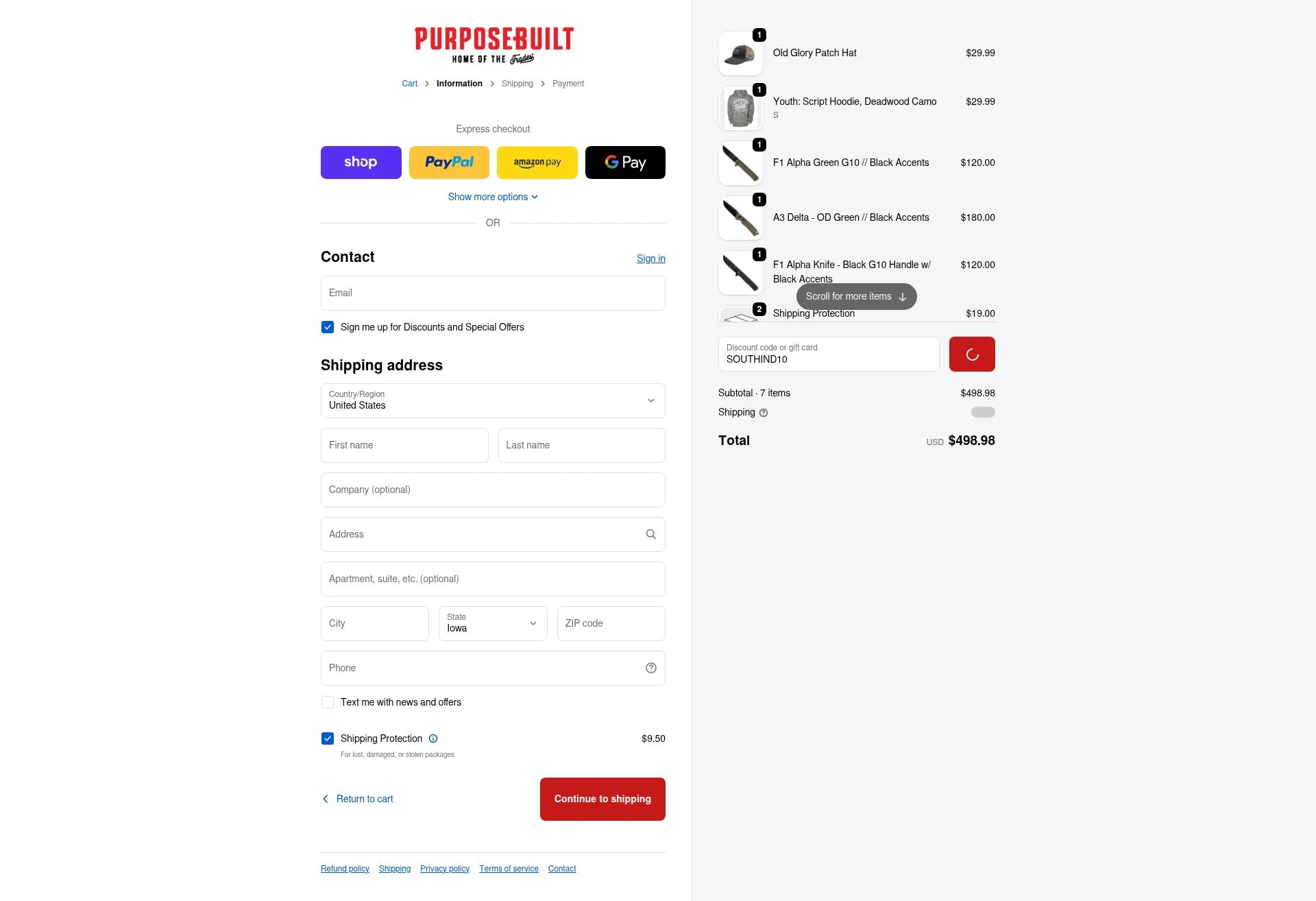 Purpose-Built Trade Co. checkout page showing Purpose-Built Trade Co. promo code box | Screenshot taken by SimplyCodes community member on Feb 18, 2026