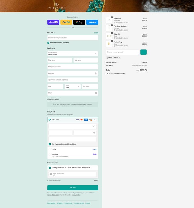 Purpose Jewelry checkout page showing Purpose Jewelry discount code box | Screenshot taken by SimplyCodes community member on Aug 26, 2025