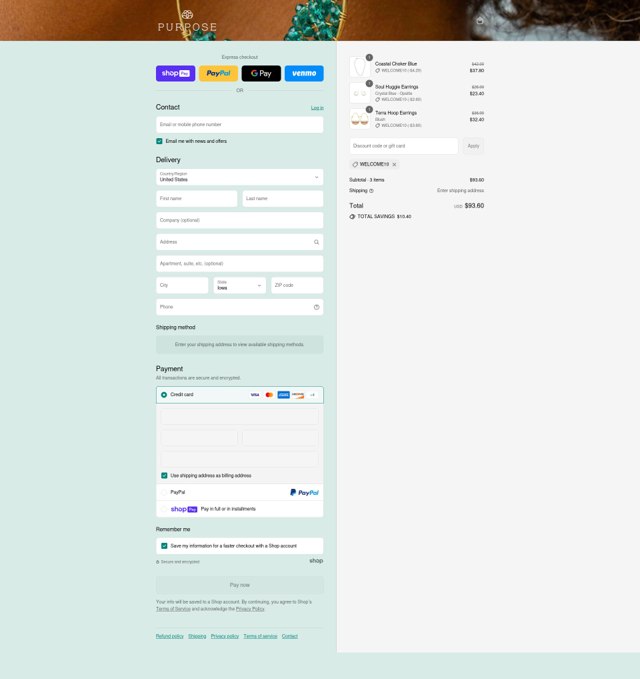 Purpose Jewelry checkout page showing Purpose Jewelry discount code box | Screenshot taken by SimplyCodes community member on Jul 26, 2025