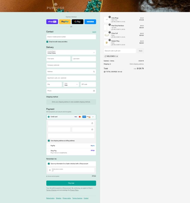Purpose Jewelry checkout page showing Purpose Jewelry discount code box | Screenshot taken by SimplyCodes community member on Aug 22, 2025
