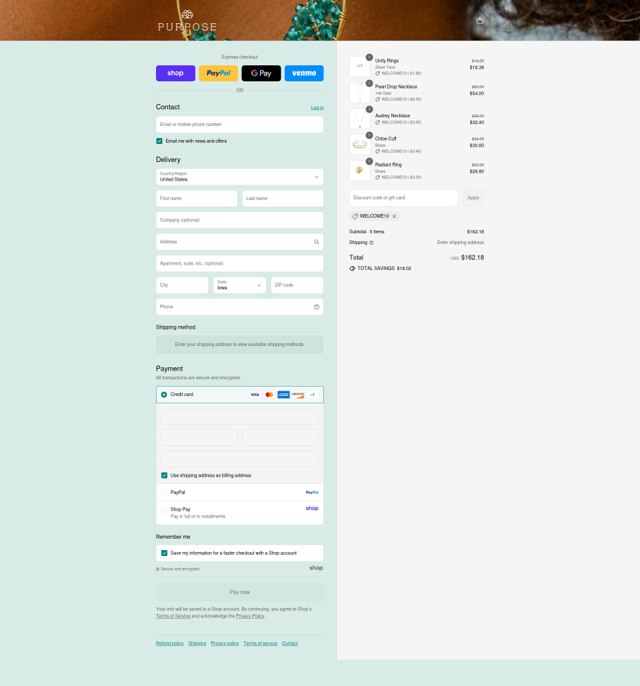 Purpose Jewelry checkout page showing Purpose Jewelry discount code box | Screenshot taken by SimplyCodes community member on Sep 3, 2025