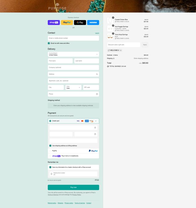 Purpose Jewelry checkout page showing Purpose Jewelry discount code box | Screenshot taken by SimplyCodes community member on Jul 31, 2025