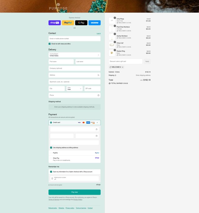 Purpose Jewelry checkout page showing Purpose Jewelry discount code box | Screenshot taken by SimplyCodes community member on Aug 16, 2025