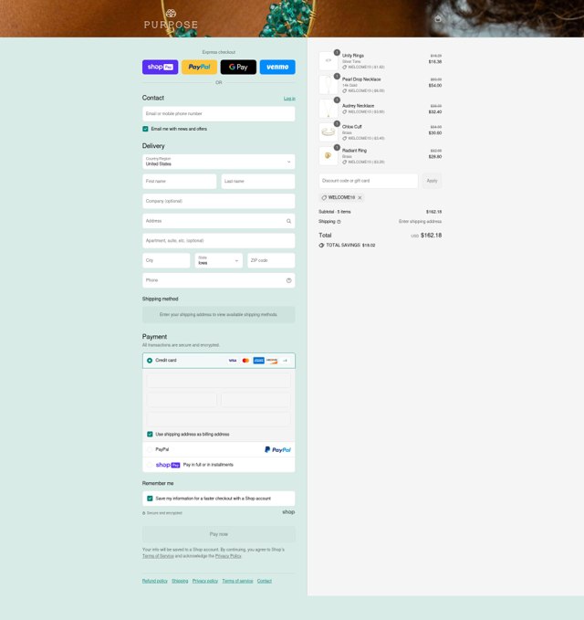 Purpose Jewelry checkout page showing Purpose Jewelry discount code box | Screenshot taken by SimplyCodes community member on Aug 12, 2025