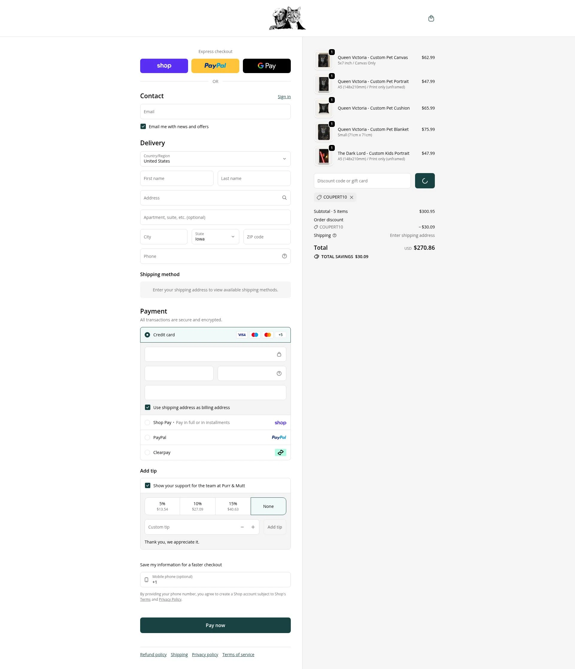 Purr & Mutt checkout page showing Purr & Mutt discount code box | Screenshot taken by SimplyCodes community member on Feb 16, 2026
