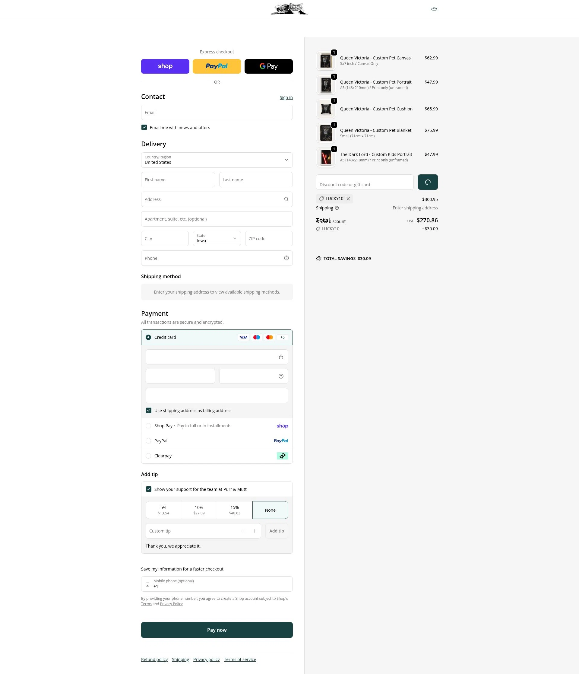 Purr & Mutt checkout page showing Purr & Mutt discount code box | Screenshot taken by SimplyCodes community member on Feb 16, 2026