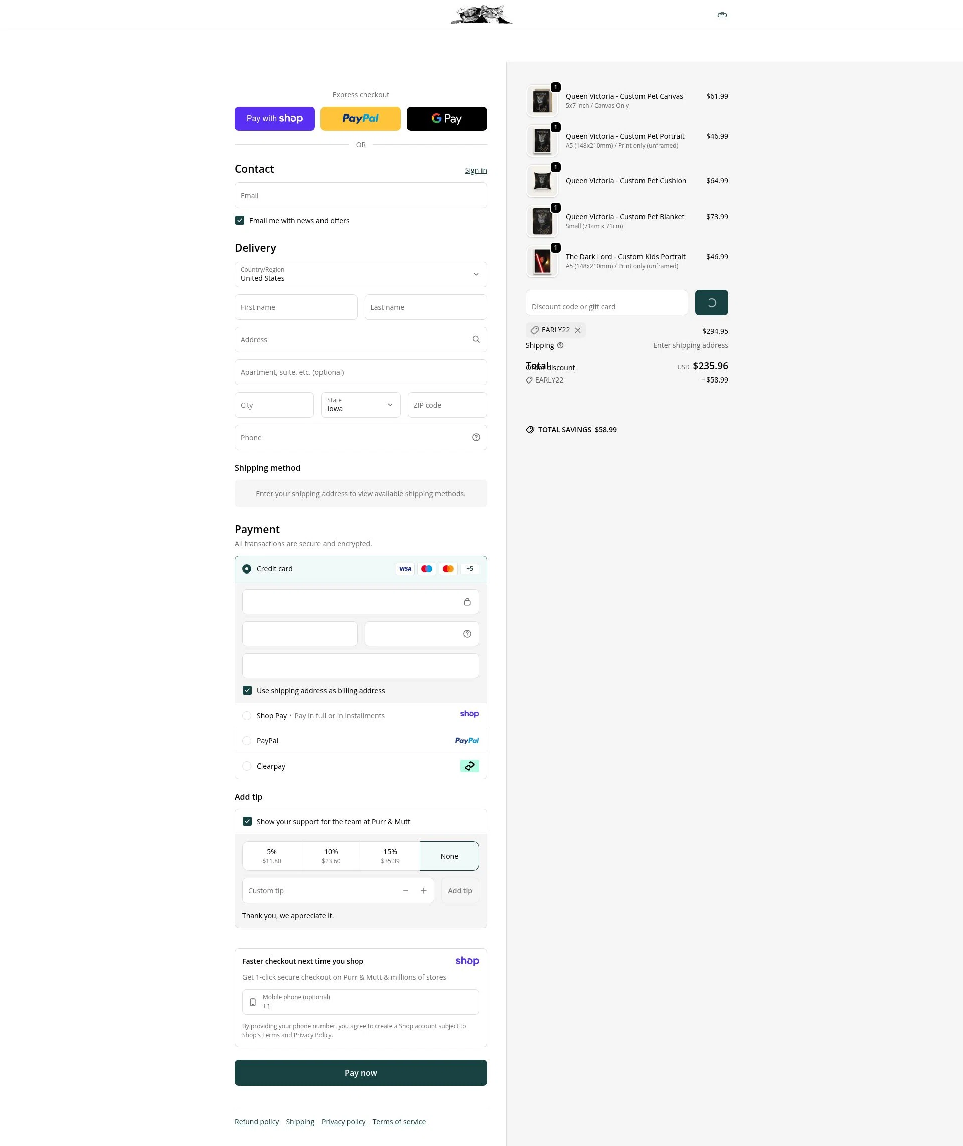 Purr & Mutt checkout page showing Purr & Mutt discount code box | Screenshot taken by SimplyCodes community member on Jan 11, 2026